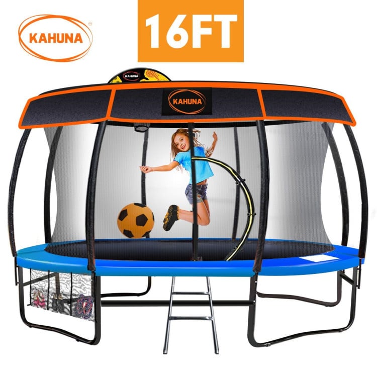 Kahuna Trampoline 16 ft with Basketball Set and Roof - Blue image 3