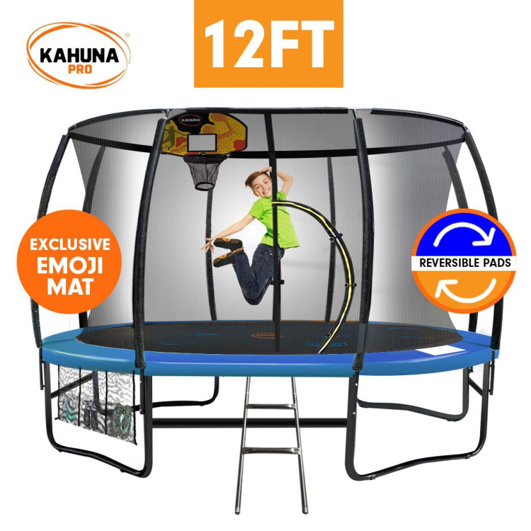Kahuna Trampoline Pro 12ft - Reversible pad, Emoji Mat, Basketball Set