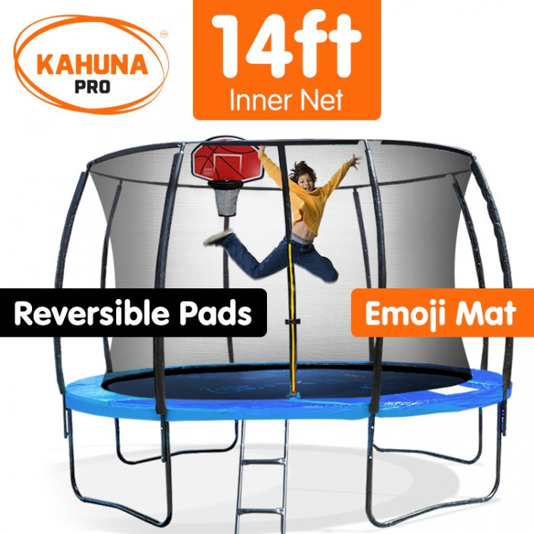 Kahuna Trampoline Pro 14ft - Reversible pad, Emoji Mat, Basketball Set
