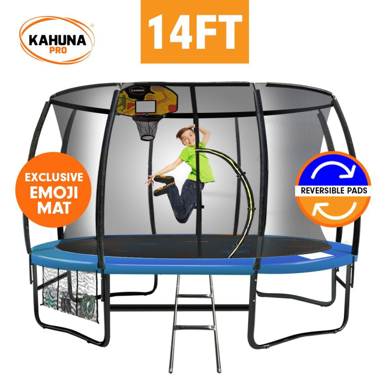 Kahuna Trampoline Pro 14ft - Reversible pad, Emoji Mat, Basketball Set