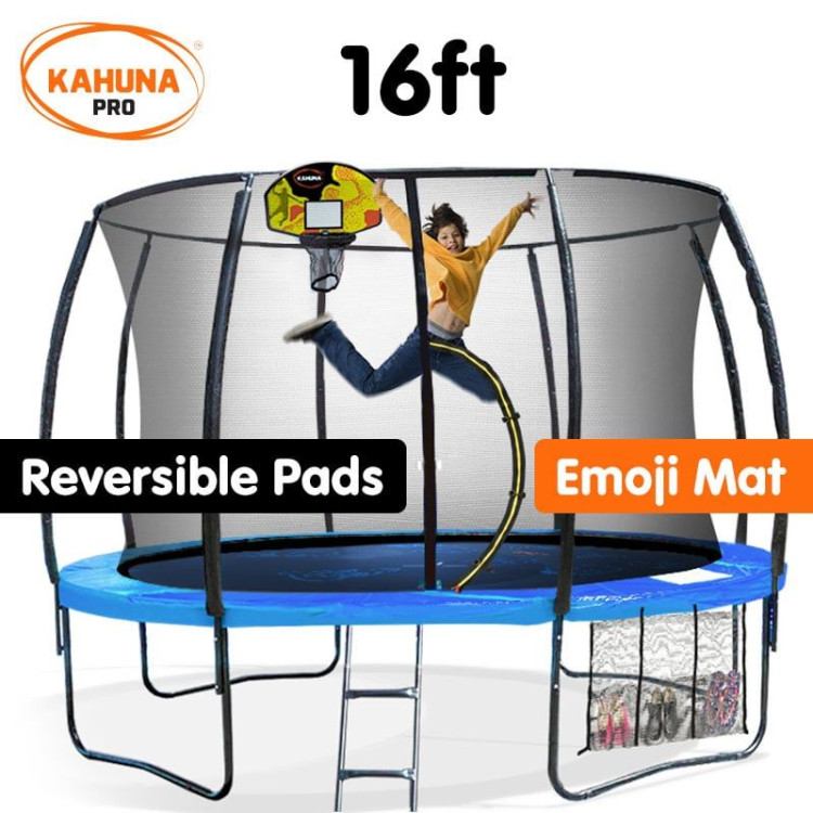 Kahuna Trampoline Pro 16ft - Reversible pad, Emoji Mat, Basketball Set