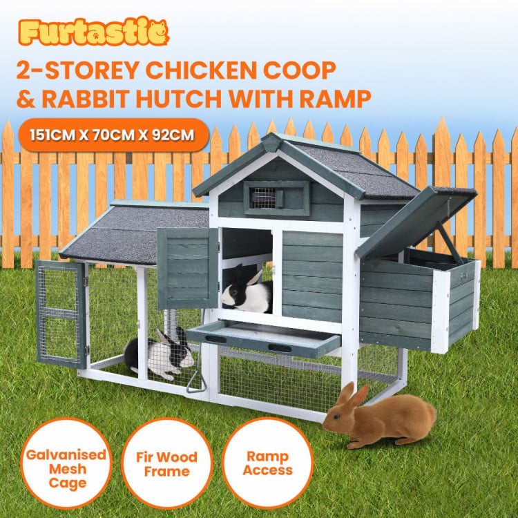 Furtastic Large Chicken Coop & Rabbit Hutch With Ramp - Green image 4