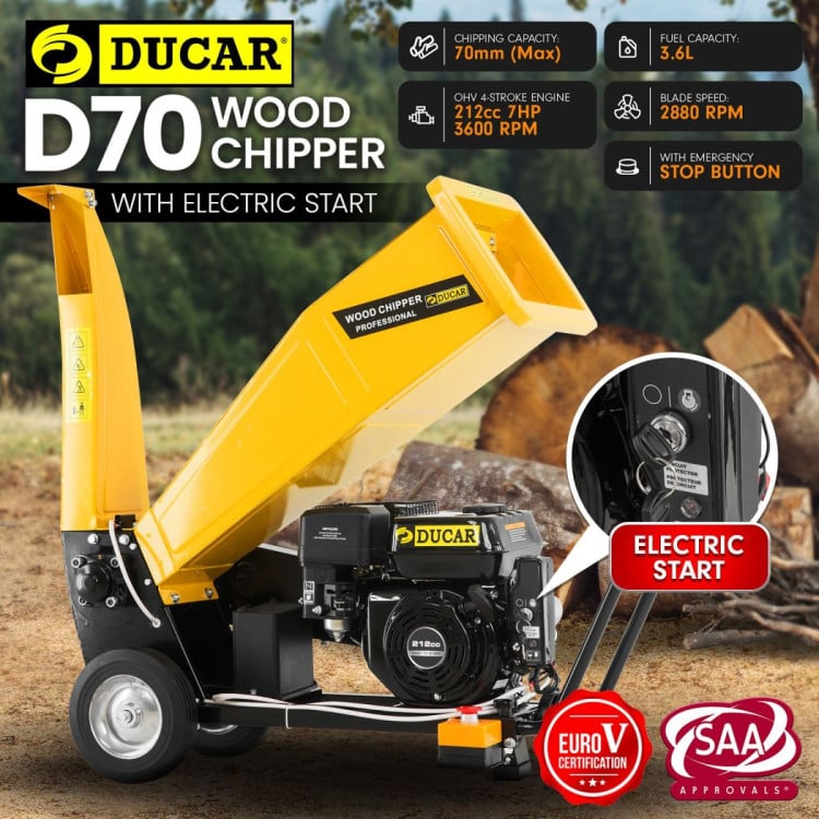 Ducar D70 7HP Wood Chipper Shredder Mulcher Grinder Petrol and Electric Start in Yellow image 10