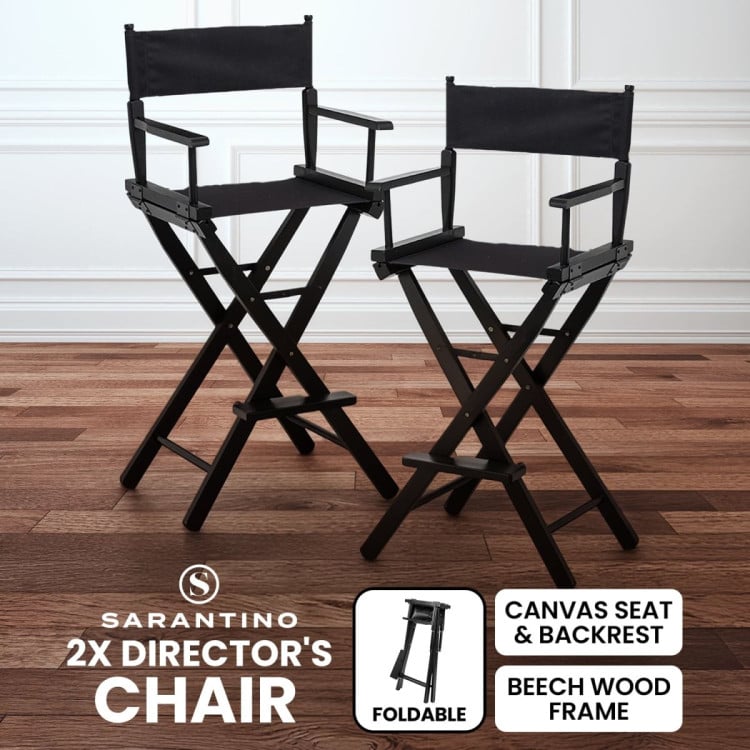 Sarantino Set of 2 Black Tall Directors Chair Beech Wood Frame with Canvas Seat image 3