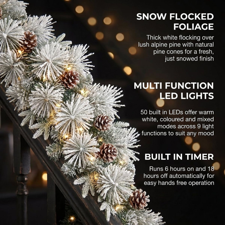 Christabelle 2.74m Alpine Snow Christmas Garland Pre Lit Multi Function LED Timer Flocked Pine Cones image 9