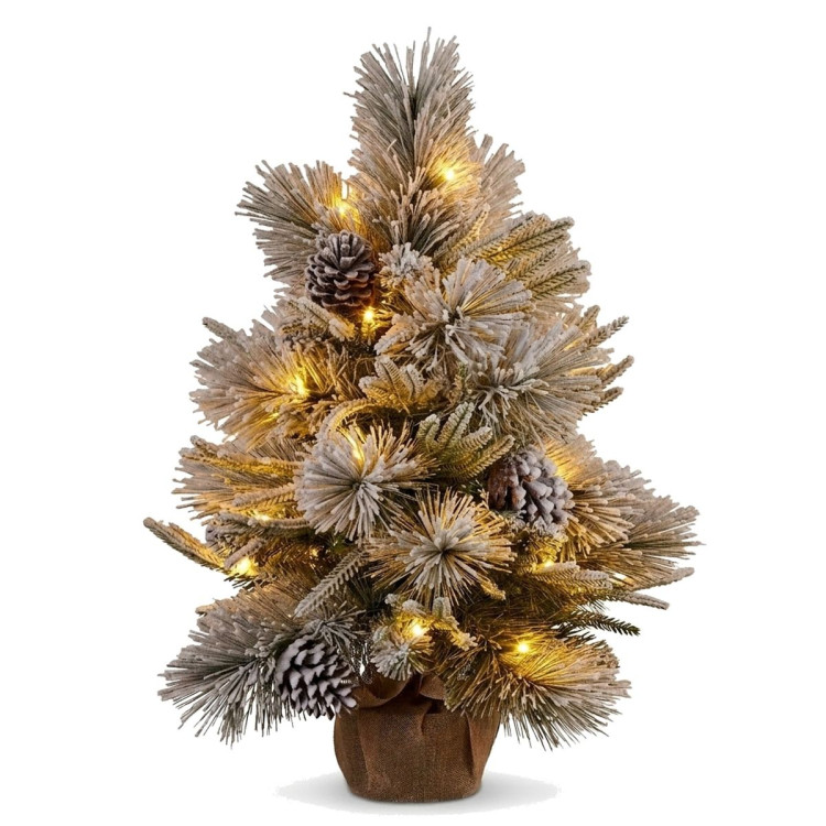 Christabelle 61cm 2ft Alpine Snow Potted Christmas Tree Pre Lit LED Pinecone Hessian Tabletop Festive Holiday Decoration