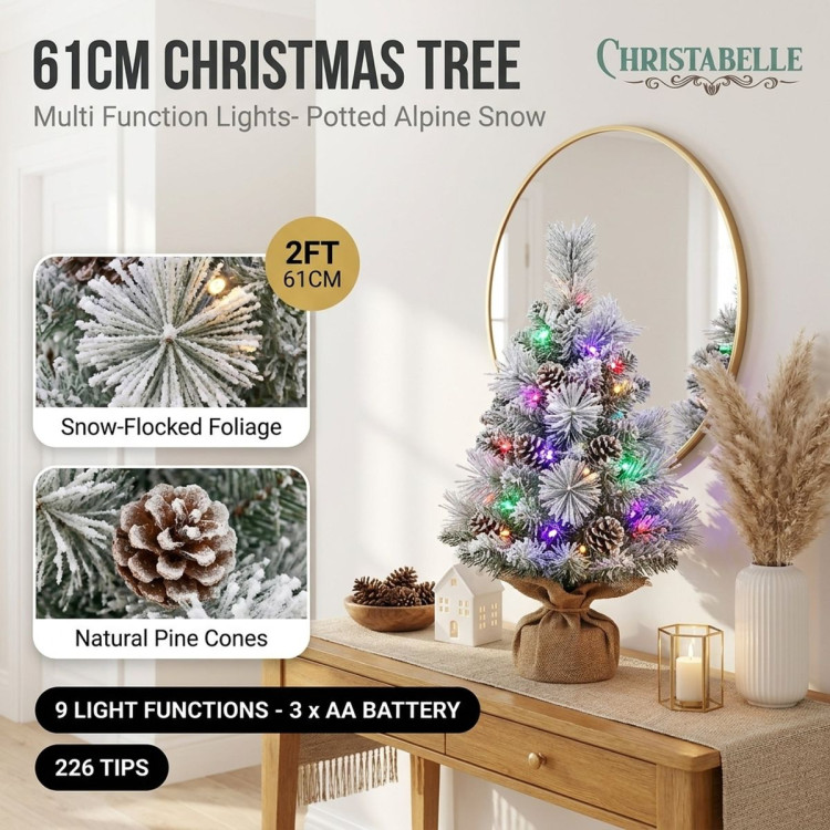 Christabelle 61cm 2ft Alpine Snow Potted Christmas Tree Pre Lit LED Pinecone Hessian Tabletop Festive Holiday Decoration image 4