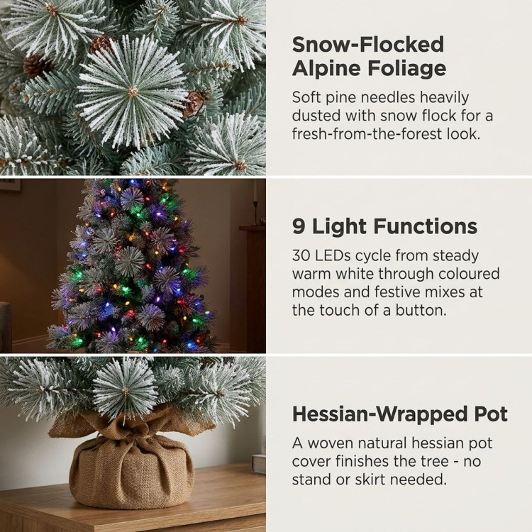 Christabelle 61cm 2ft Alpine Snow Potted Christmas Tree Pre Lit LED Pinecone Hessian Tabletop Festive Holiday Decoration image 8