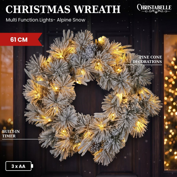 Christabelle 61cm Alpine Snow Christmas Wreath Pre Lit Multi Function LED Timer Pinecone Front Door Xmas Decoration Home image 4