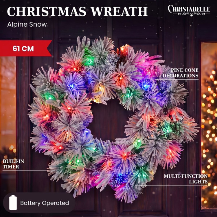 Christabelle 61cm Alpine Snow Christmas Wreath Pre Lit Multi Function LED Timer Pinecone Front Door Xmas Decoration Home image 3