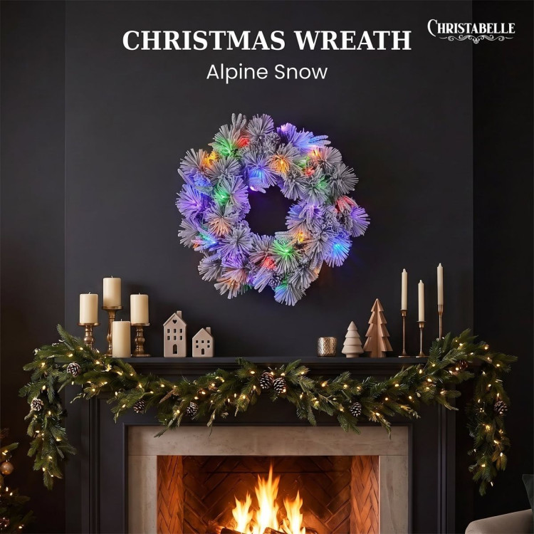 Christabelle 61cm Alpine Snow Christmas Wreath Pre Lit Multi Function LED Timer Pinecone Front Door Xmas Decoration Home image 5