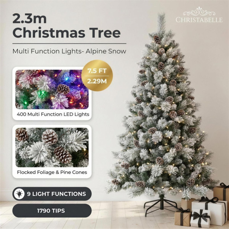 Christabelle 2.3m 7.5ft Alpine Snow Christmas Tree Pre Lit Multi Function LED Flocked Pine Cones Hinged Branches Home image 4