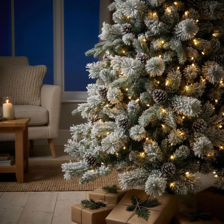 Christabelle 2.3m 7.5ft Alpine Snow Christmas Tree Pre Lit Multi Function LED Flocked Pine Cones Hinged Branches Home image 6