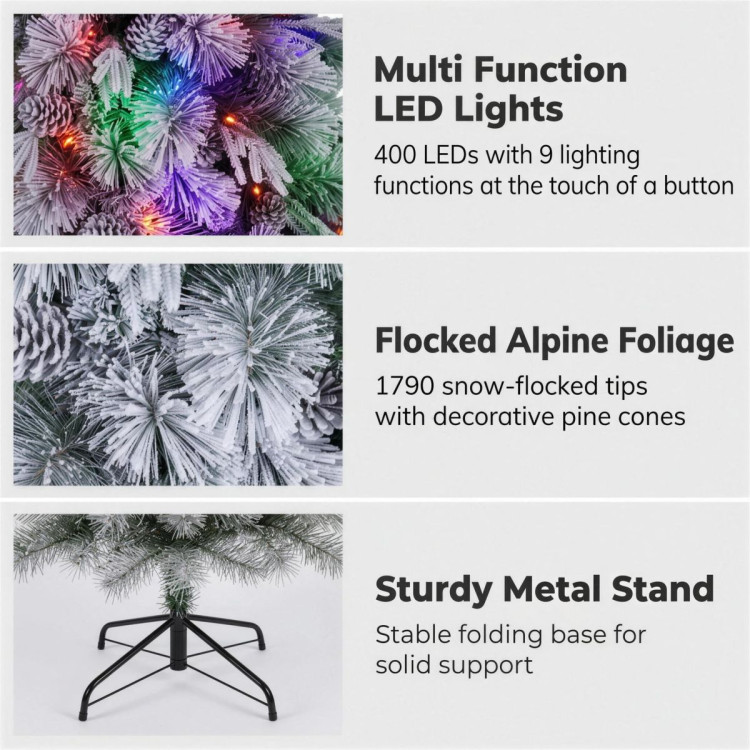 Christabelle 2.3m 7.5ft Alpine Snow Christmas Tree Pre Lit Multi Function LED Flocked Pine Cones Hinged Branches Home image 8
