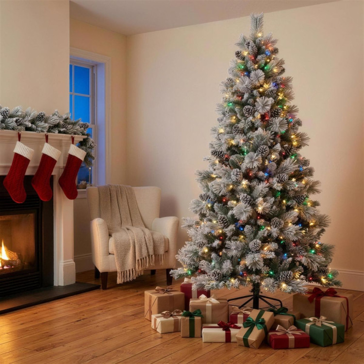 Christabelle 2.3m 7.5ft Alpine Snow Christmas Tree Pre Lit Multi Function LED Flocked Pine Cones Hinged Branches Home image 11