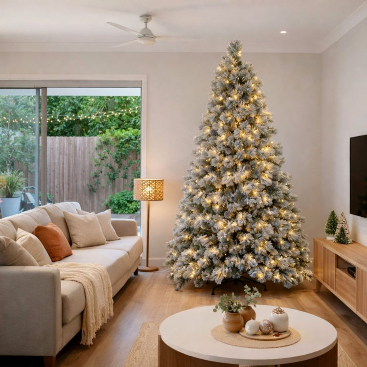 Christabelle 2.3m 7.5ft Alpine Snow Christmas Tree Pre Lit Multi Function LED Flocked Pine Cones Hinged Branches Home image 14