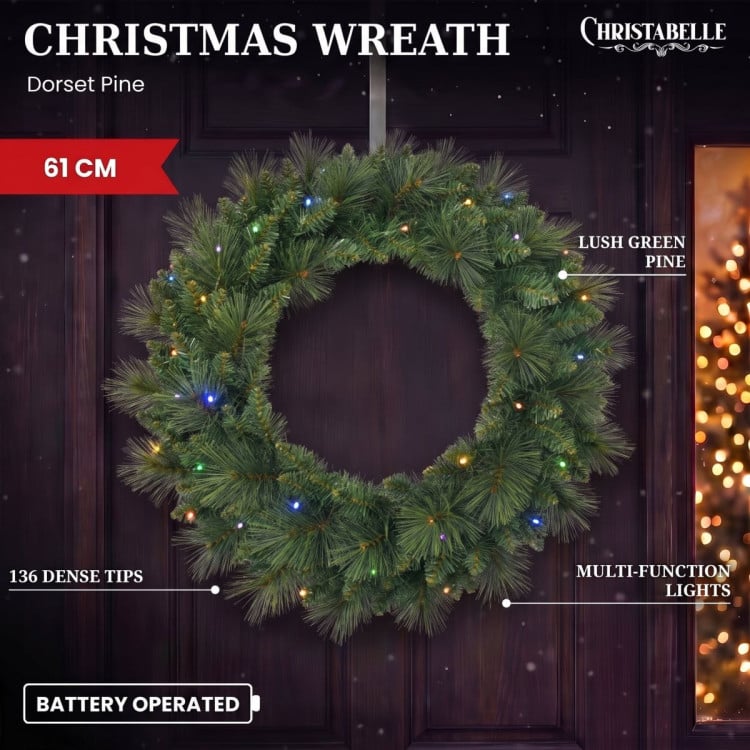 Christabelle 61cm Dorset Pine Christmas Wreath Pre Lit Multi Function LED Battery Operated Front Door Xmas Decoration Home image 3
