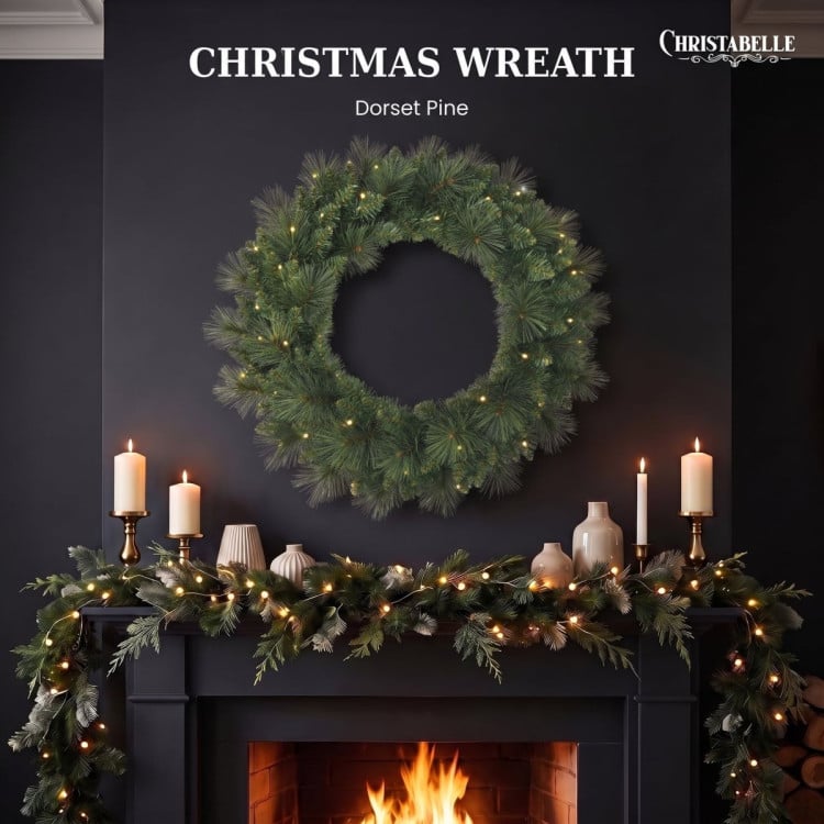 Christabelle 61cm Dorset Pine Christmas Wreath Pre Lit Multi Function LED Battery Operated Front Door Xmas Decoration Home image 5