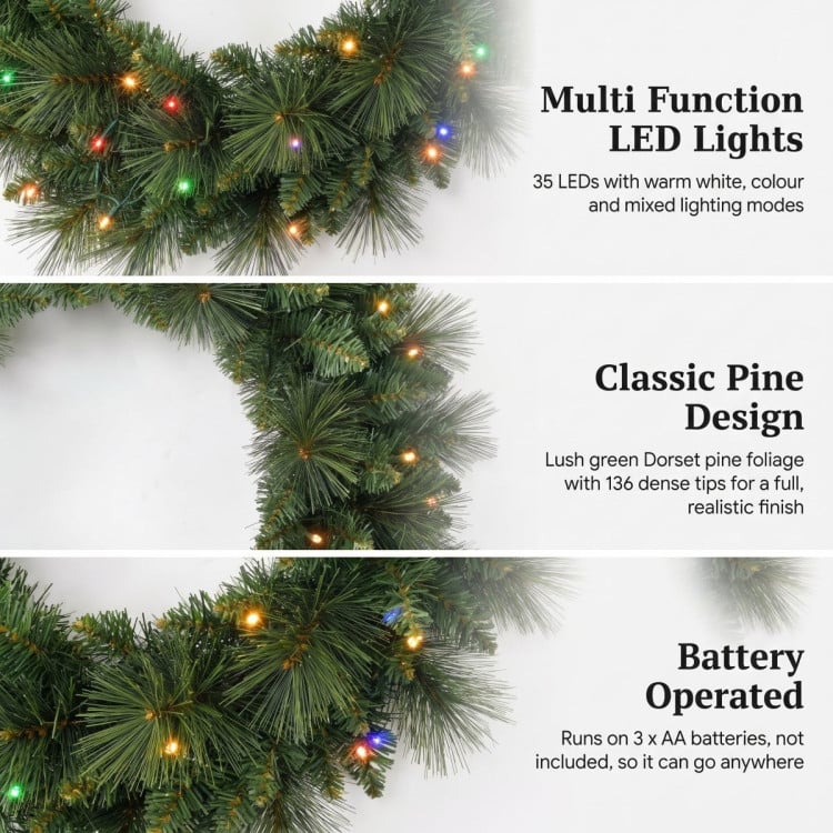 Christabelle 61cm Dorset Pine Christmas Wreath Pre Lit Multi Function LED Battery Operated Front Door Xmas Decoration Home image 9