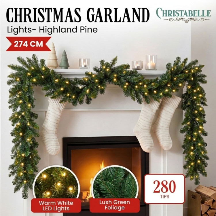Christabelle 2.74m Highland Pine Christmas Garland Pre Lit Warm White LED Mantel Staircase Xmas Decoration Home image 3