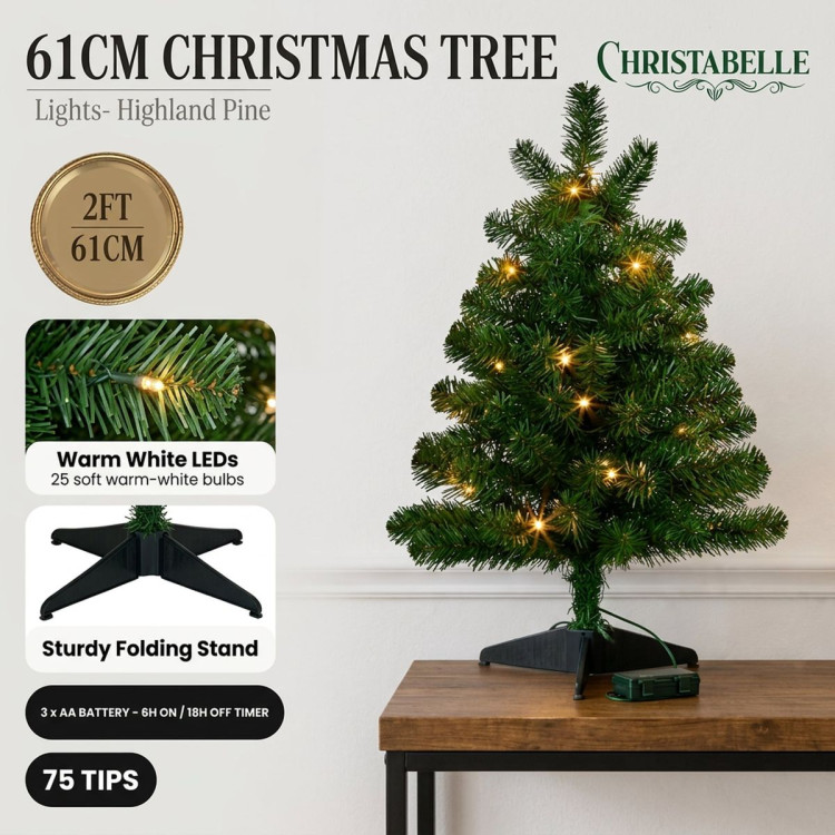 Christabelle 61cm 2ft Highland Pine Christmas Tree Pre Lit Warm White LED Timer Tabletop Artificial Indoor Xmas Decor image 12