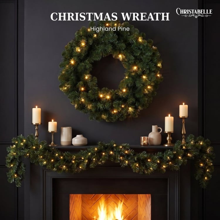 Christabelle 61cm Highland Pine Christmas Wreath Pre Lit Warm White LED Battery Operated Timer Hanging Wall Display Home image 6