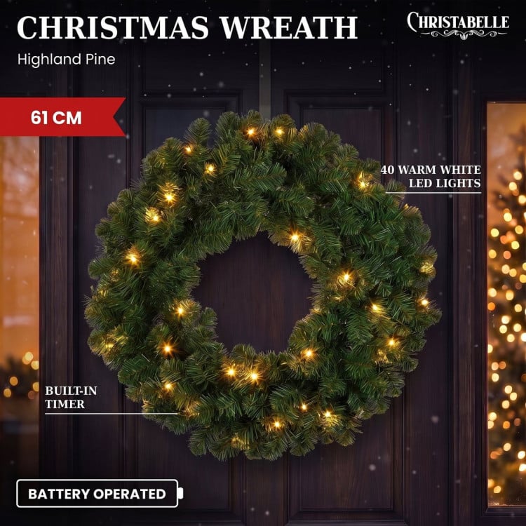 Christabelle 61cm Highland Pine Christmas Wreath Pre Lit Warm White LED Battery Operated Timer Hanging Wall Display Home image 10