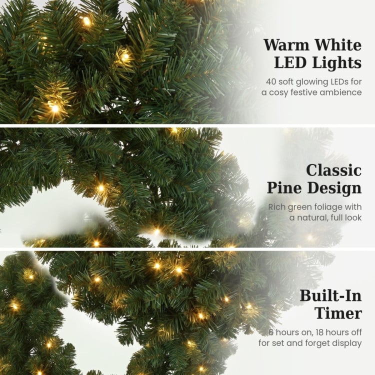 Christabelle 61cm Highland Pine Christmas Wreath Pre Lit Warm White LED Battery Operated Timer Hanging Wall Display Home image 7