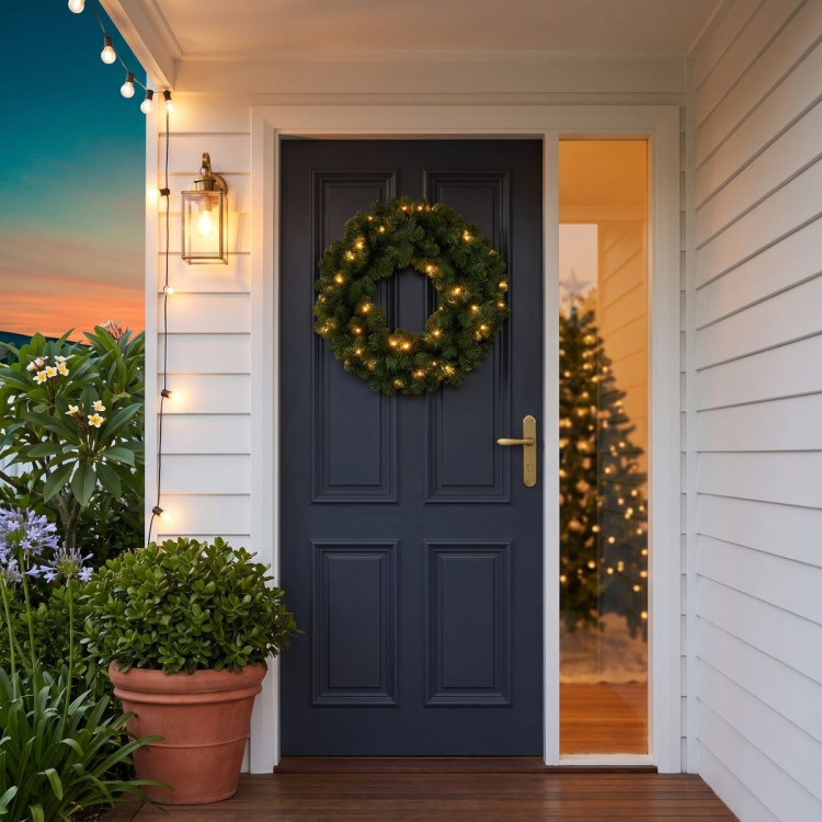Christabelle 61cm Highland Pine Christmas Wreath Pre Lit Warm White LED Battery Operated Timer Hanging Wall Display Home image 8