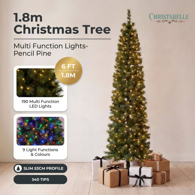 Christabelle 1.8m 6ft Pencil Pine Christmas Tree Pre Lit Multi Function LED Slim Artificial Indoor Xmas Decor Home image 15