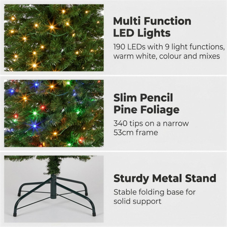 Christabelle 1.8m 6ft Pencil Pine Christmas Tree Pre Lit Multi Function LED Slim Artificial Indoor Xmas Decor Home image 7