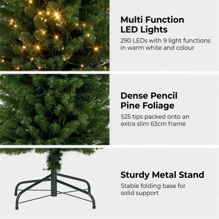 Christabelle 2.3m 7.5ft Pencil Pine Christmas Tree Pre Lit Multi Function LED Slim Artificial Indoor Xmas Decor Home image 7