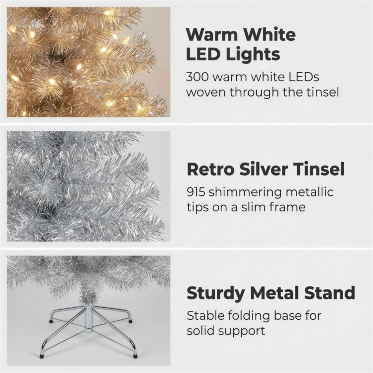 Christabelle 2.1m 7ft Silver Tinsel Christmas Tree Pre Lit Warm White LED Retro Artificial Indoor Xmas Decor Home image 7