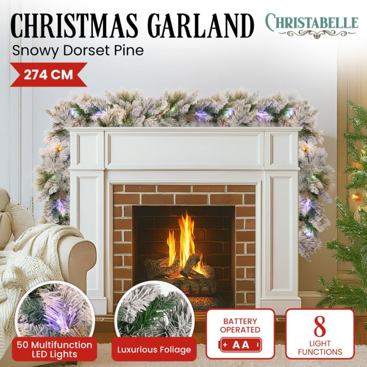 Christabelle 2.7m Snowy Christmas Garland Dorset Pine Pre-Lit with Multi-Function LED Lights Door Decoration image 3