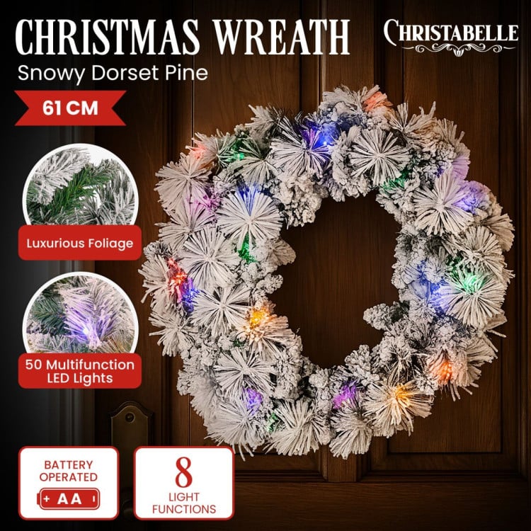 Christabelle 61cm Christmas Wreath Snowy Dorset Pine with Multi-Function LED Lights Tree Door Decoration Ornament image 3