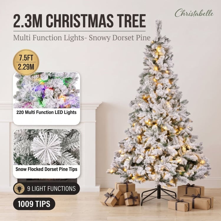 Christabelle 2.3m 7.5ft Snowy Dorset Pine Christmas Tree Pre Lit Multi Function LED Lightly Flocked Artificial Xmas Decor image 4