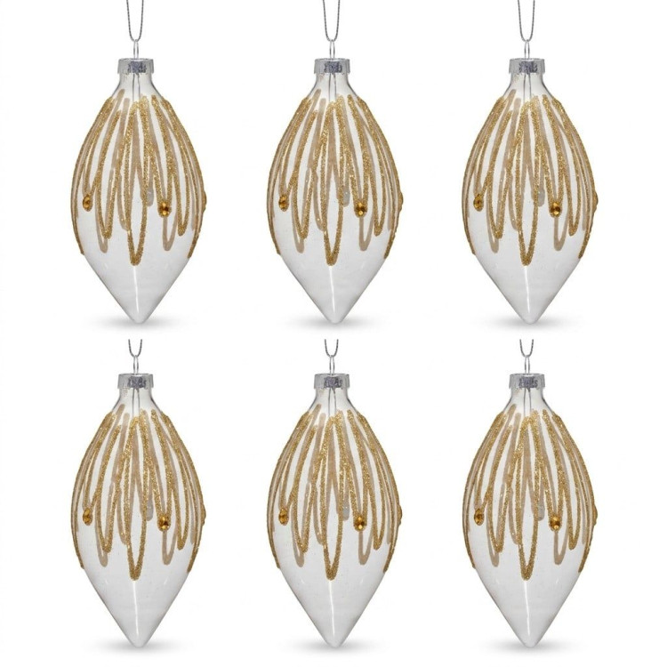 Christabelle 6 Glass Christmas Teardrop Baubles Gold Shimmer Jewels 13cm Xmas Tree Decorations Hanging Ornaments