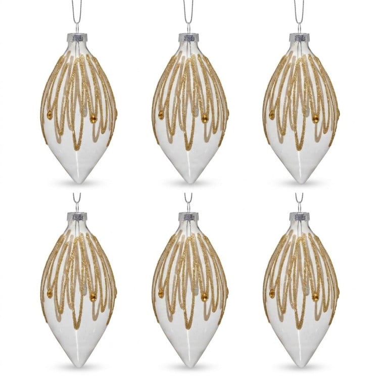 Christabelle 6 Glass Christmas Teardrop Baubles Gold Shimmer Jewels 13cm Xmas Tree Decorations Hanging Ornaments