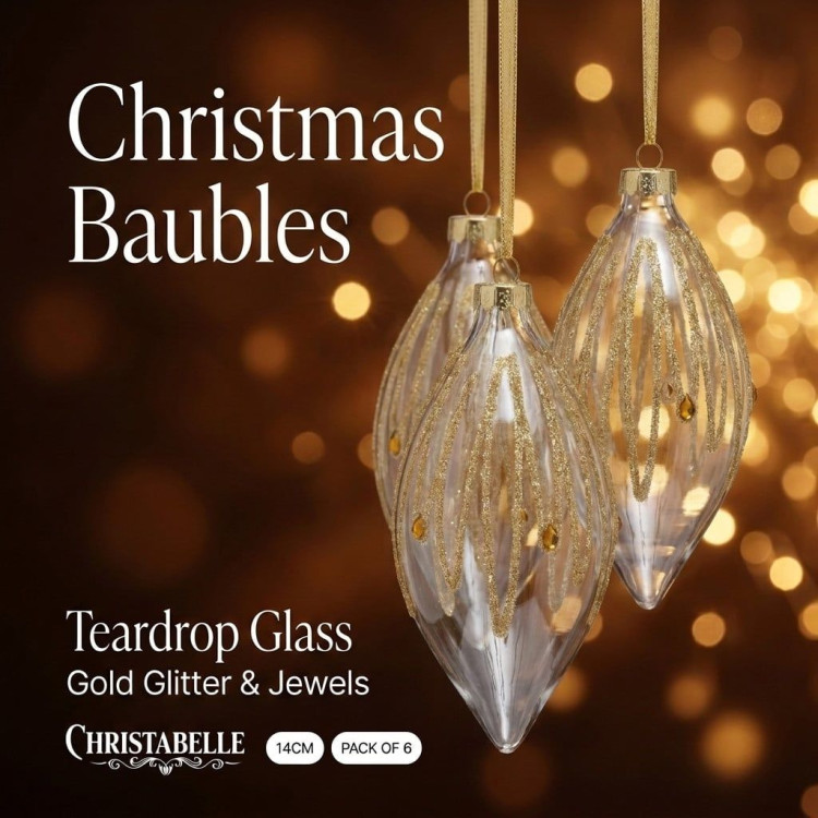 Christabelle 6 Glass Christmas Teardrop Baubles Gold Shimmer Jewels 13cm Xmas Tree Decorations Hanging Ornaments image 8