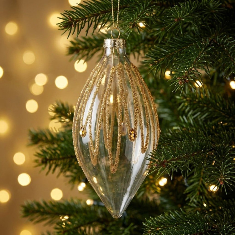 Christabelle 6 Glass Christmas Teardrop Baubles Gold Shimmer Jewels 13cm Xmas Tree Decorations Hanging Ornaments image 5