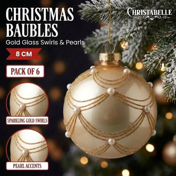 Christabelle 6 Champagne Glass Christmas Baubles Gold Swirl Pearl 8cm Xmas Tree Decorations Hanging Ornaments image 9