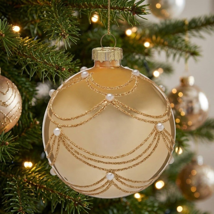 Christabelle 6 Champagne Glass Christmas Baubles Gold Swirl Pearl 8cm Xmas Tree Decorations Hanging Ornaments image 6