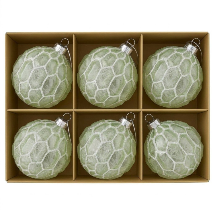 Christabelle 6 Pale Green Glass Christmas Baubles White Shimmer 8cm Xmas Tree Decorations Hanging Ornaments image 4