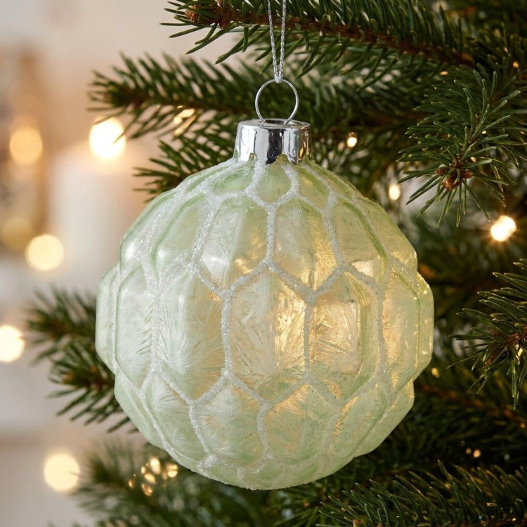 Christabelle 6 Pale Green Glass Christmas Baubles White Shimmer 8cm Xmas Tree Decorations Hanging Ornaments image 7