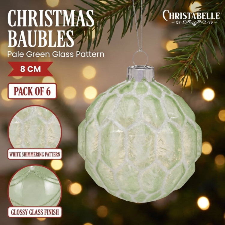 Christabelle 6 Pale Green Glass Christmas Baubles White Shimmer 8cm Xmas Tree Decorations Hanging Ornaments image 8