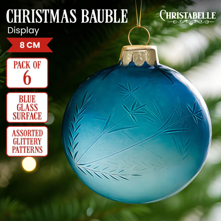 Christabelle Blue Glass Baubles 6Pcs with Etched Leaf Pattern Balls Christmas Tree Decoration Ornament image 8
