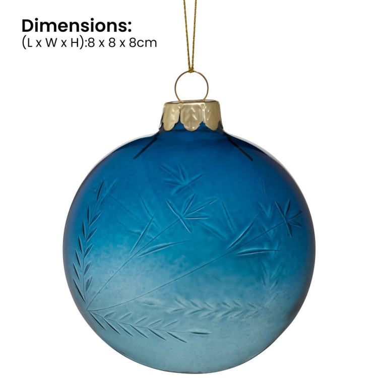 Christabelle Blue Glass Baubles 6Pcs with Etched Leaf Pattern Balls Christmas Tree Decoration Ornament image 4