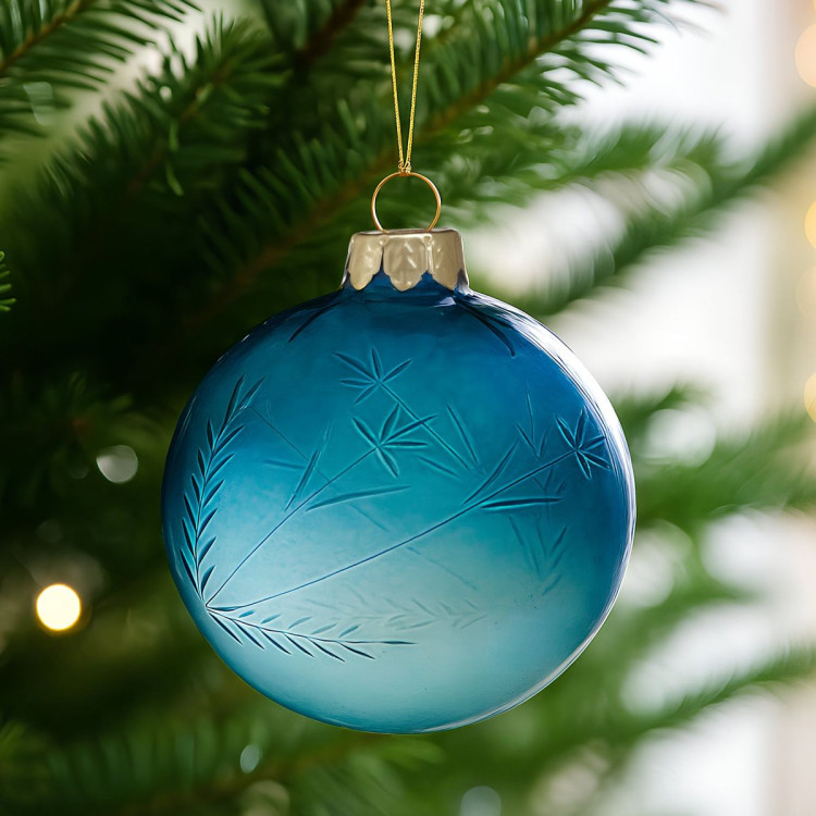 Christabelle Blue Glass Baubles 6Pcs with Etched Leaf Pattern Balls Christmas Tree Decoration Ornament image 7