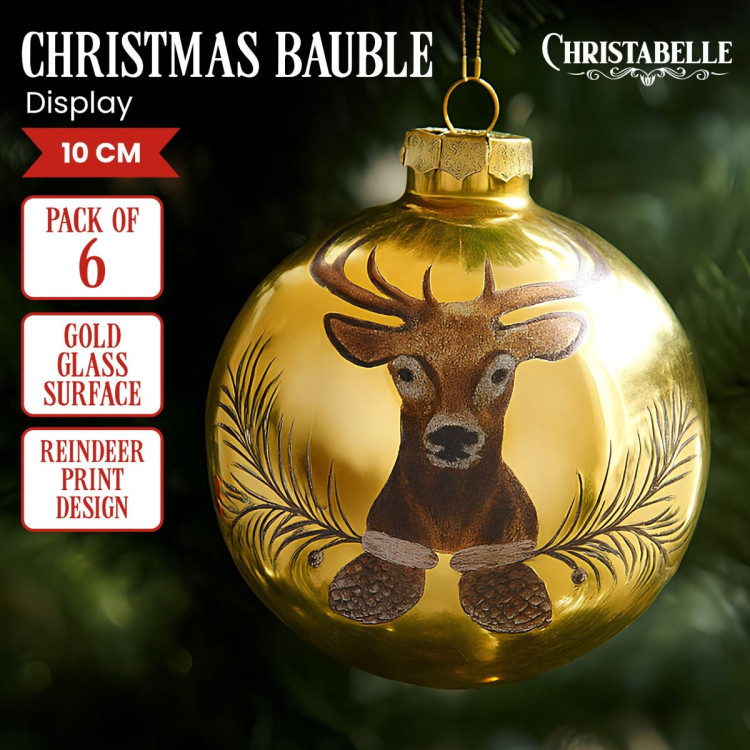 Christabelle Large Gold Glass Baubles 6Pcs with Reindeer Print Balls Christmas Tree Decoration Ornament image 8