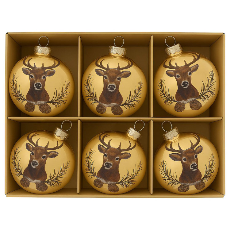 Christabelle Large Gold Glass Baubles 6Pcs with Reindeer Print Balls Christmas Tree Decoration Ornament image 5